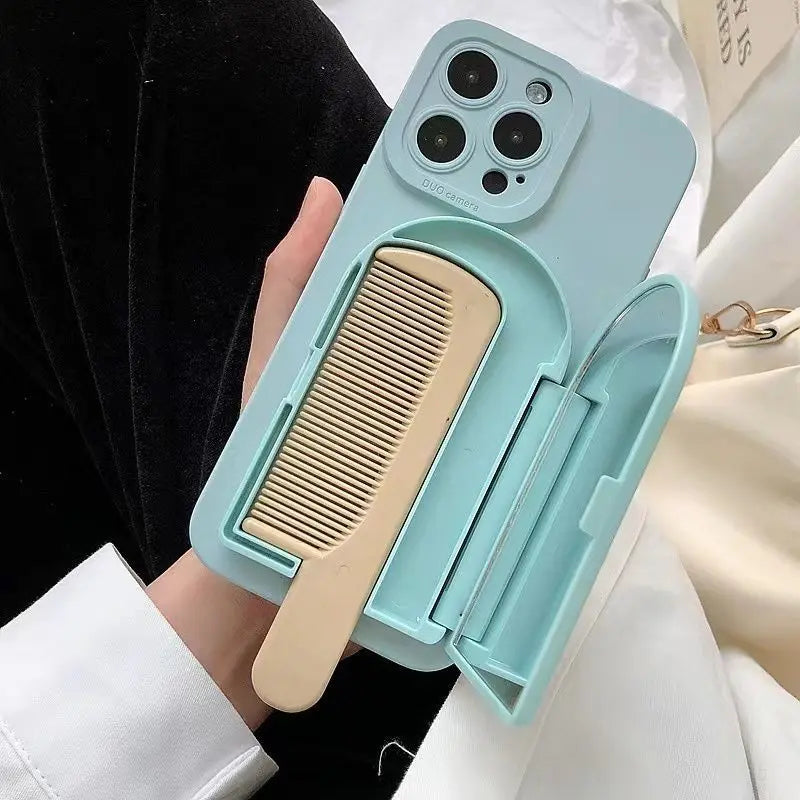 Phone Case For iPhone 15 14 13 12 11 8 7 X XS XR Mini Pro Max Plus New INS Creative Plain Protective Cover With Mirror Comb