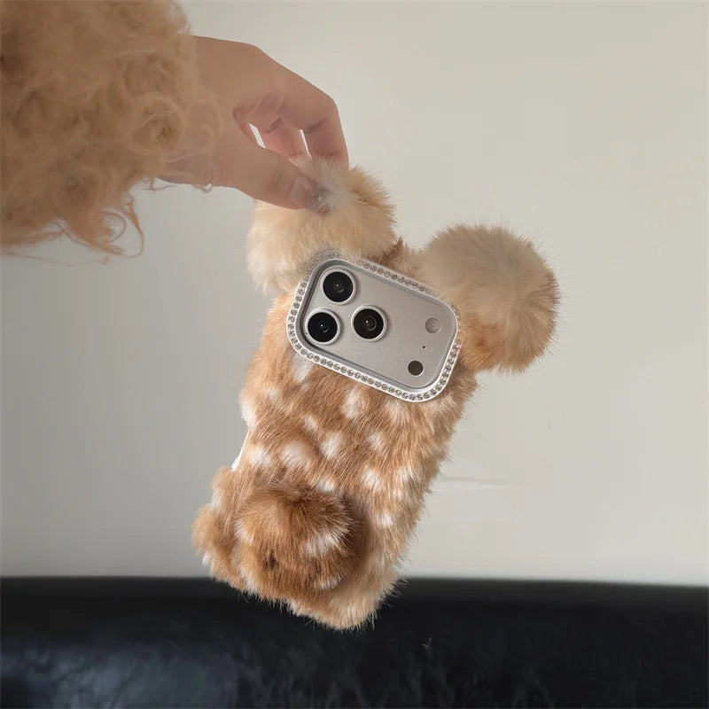 Cartoon deer Fluffy Fuzzy Plush 3D Fur Case For iPhone 17 pro max Cute Soft cases for iphone 16 15 14 Pro Max Warm Cover Kids