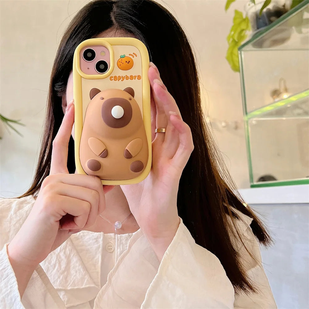For iPhone 15 14 Plus 16 13 12 11 Pro Max Cute Cartoon Capybara Phone Case Press Blowing Bubble Protection Soft Silicone Cover