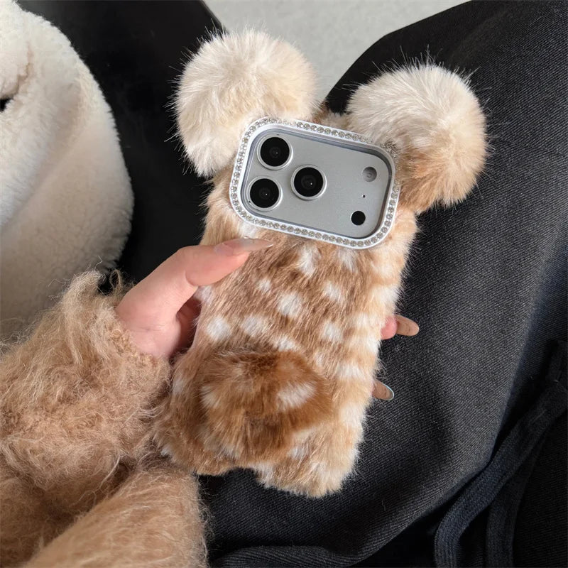 Cartoon deer Fluffy Fuzzy Plush 3D Fur Case For iPhone 17 pro max Cute Soft cases for iphone 16 15 14 Pro Max Warm Cover Kids
