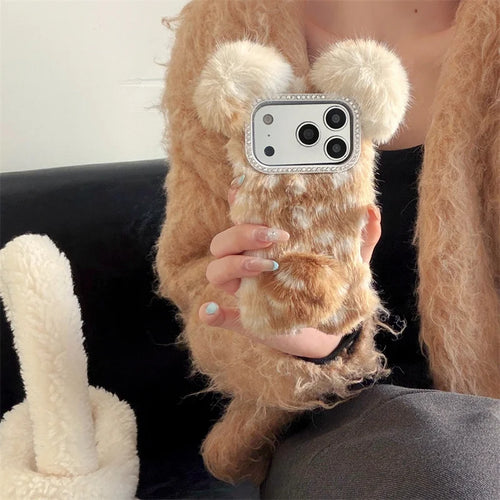 Cartoon deer Fluffy Fuzzy Plush 3D Fur Case For iPhone 17 pro max Cute Soft cases for iphone 16 15 14 Pro Max Warm Cover Kids