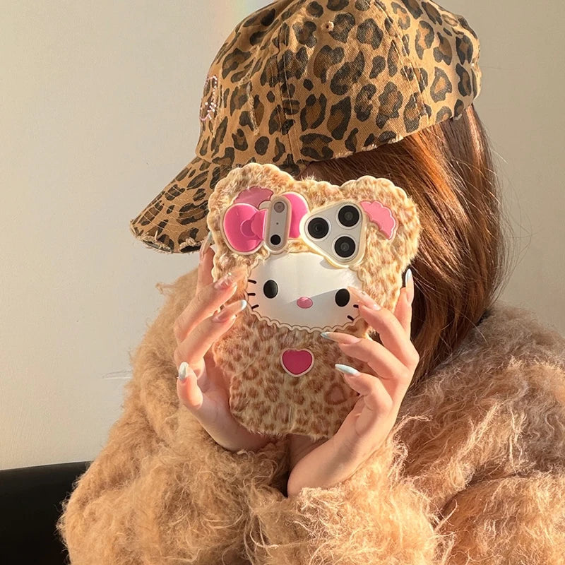 Leopard Fur Plush Lovely Kitty Cat Soft Silicone Case For iPhone 17 16 Pro Max 15 14 Pro 13 Cartoon Bowknot Phone Cover Fundas