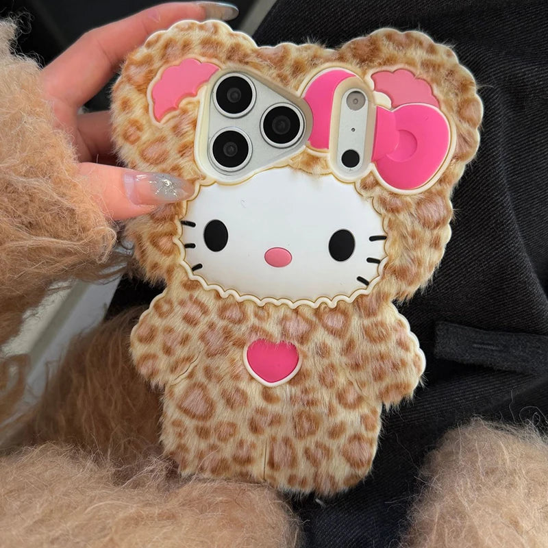 Leopard Fur Plush Lovely Kitty Cat Soft Silicone Case For iPhone 17 16 Pro Max 15 14 Pro 13 Cartoon Bowknot Phone Cover Fundas