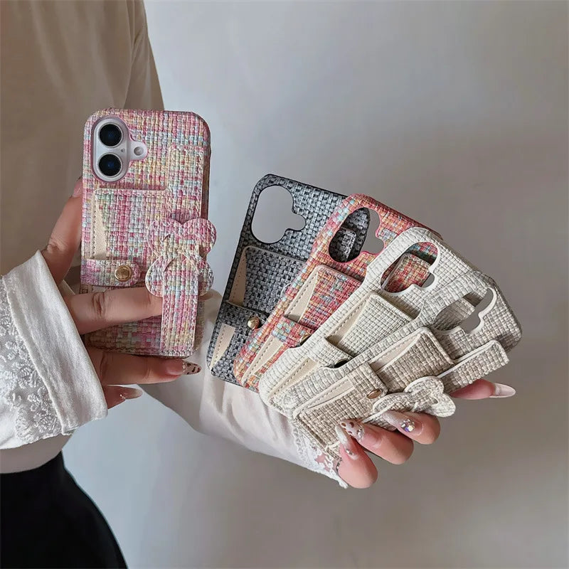 New Korean INS Weave Pattern Wristband Card Package Phone Case For iPhone 17 16 15 14 13 12 Pro Max Plus Protective Cover