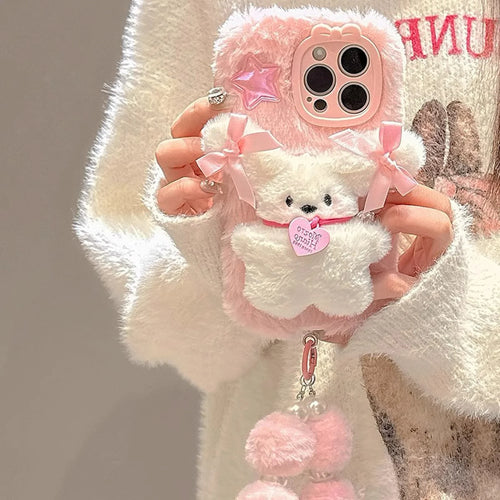 For IPhone 16 Pro Max 15 Pro 14 Plus 13 12 11 Bowtie Puppy with Chain Cell Phone Protective Jacket